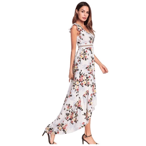 White Floral Cut Out Back Asymmetrical Dress - Picture 3 of 12